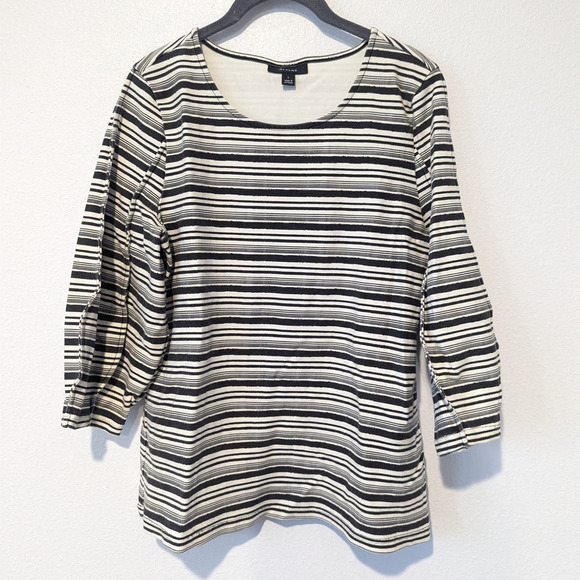 AlfaniTunic Blouse Raw Edge Bubble 3/4 Sleeve Black and Cream Striped - Picture 4 of 8